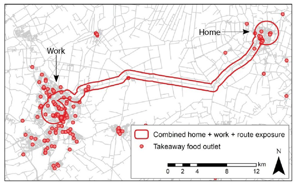 A map showing takeaway food outlet exposure on a journey to work. The majority of outlets are clustered around the home and workplace.