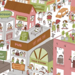 A small section of the Snackington Game showing a cartoon of a busy town
