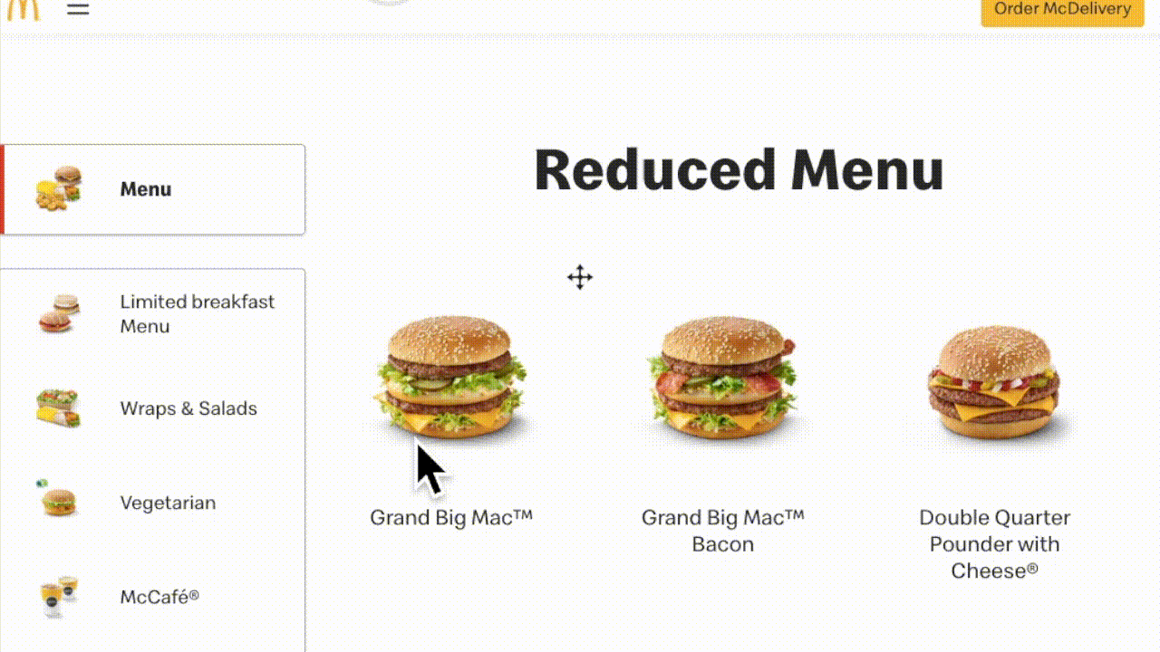 An animated gif showing ntritional information loaded on individual product pages - McDonalds