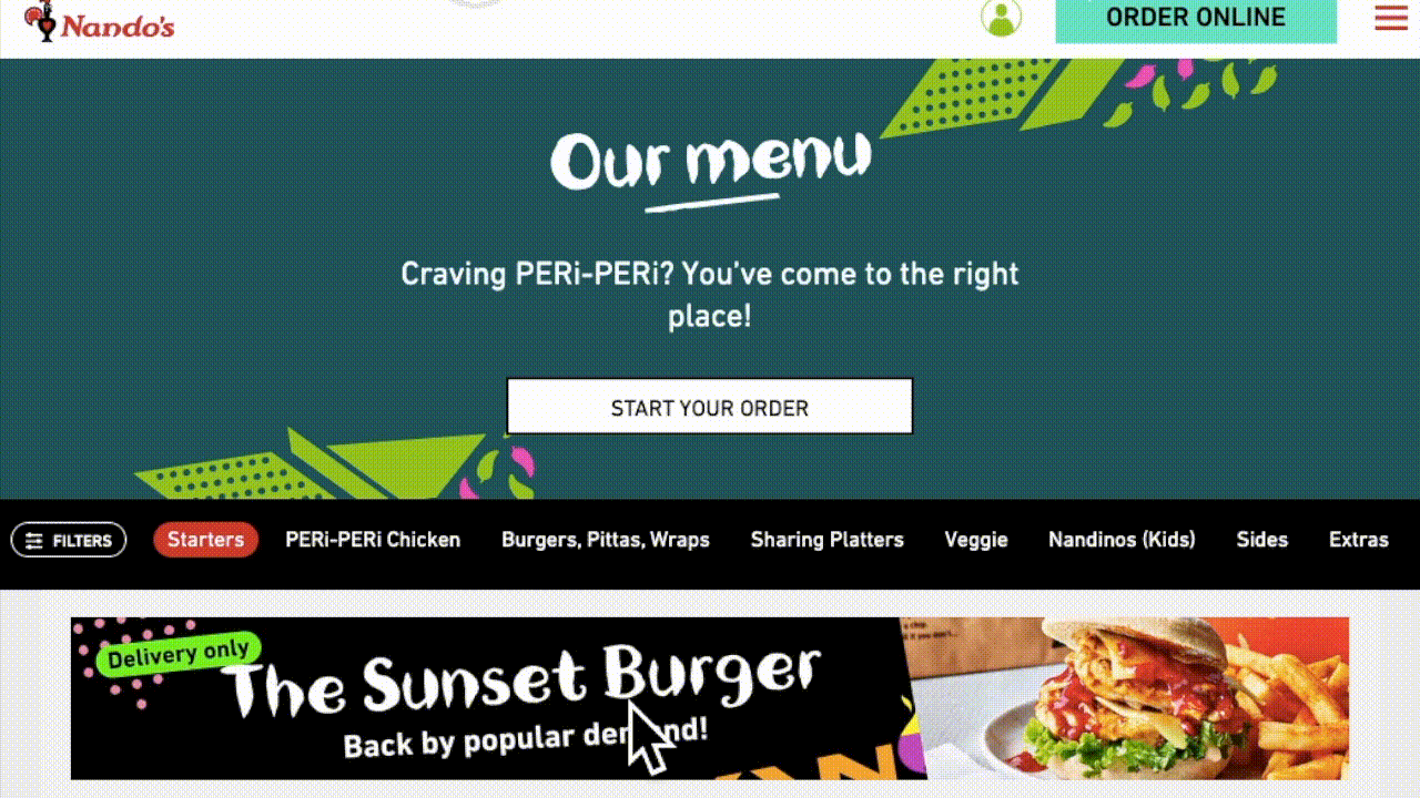 An animated gif showing ntritional information loaded on individual product pages - Nandos