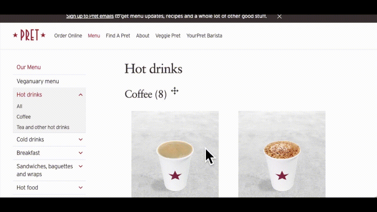 An animated gif showing ntritional information loaded on individual product pages - pret